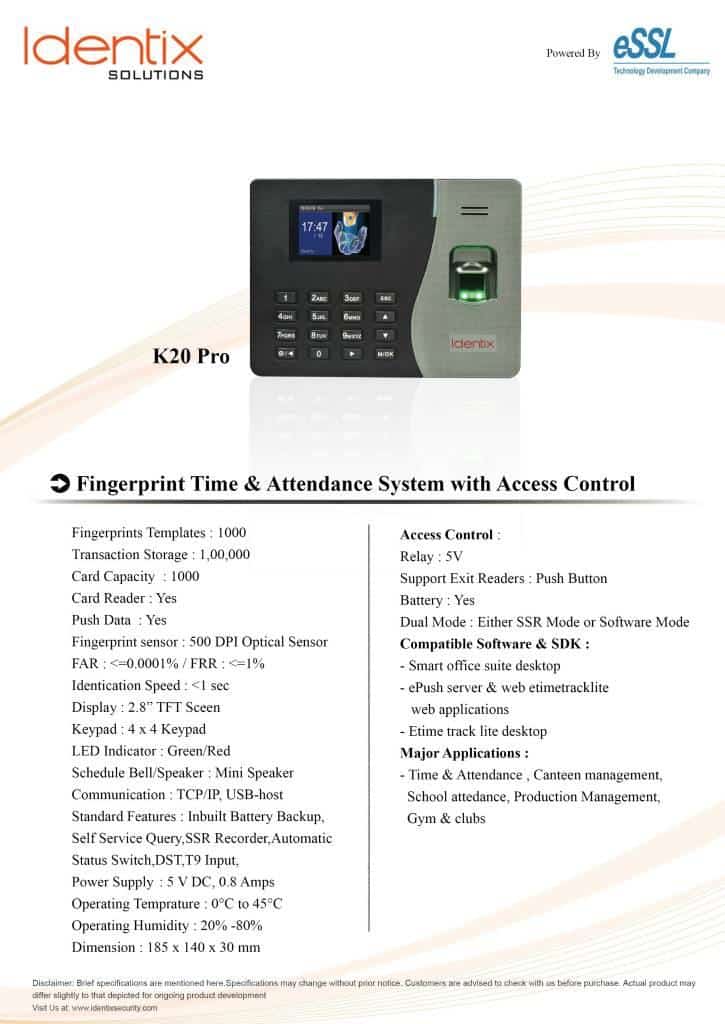 Biometric Attendance System Identix K20