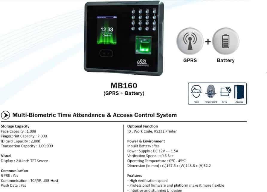 ESSL MB160 Face Fingerprint Attendance Machine with Battery GPRS