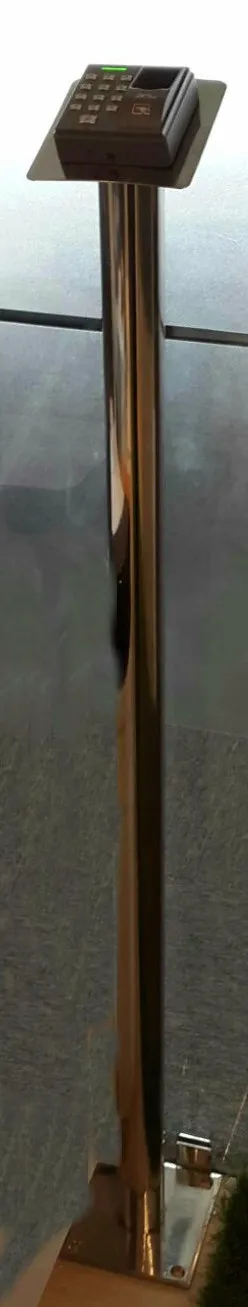 Tall biometric device stand in a modern office