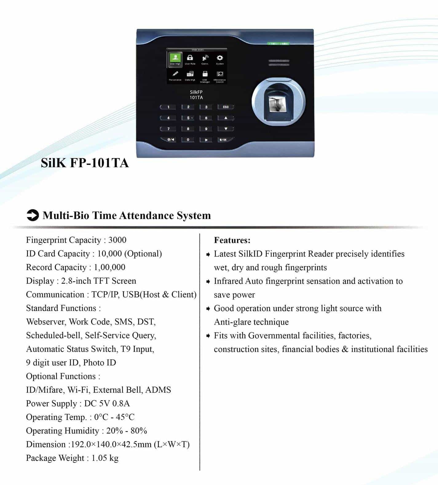 Time Attendance System eSSL SilK FP-101TA Features