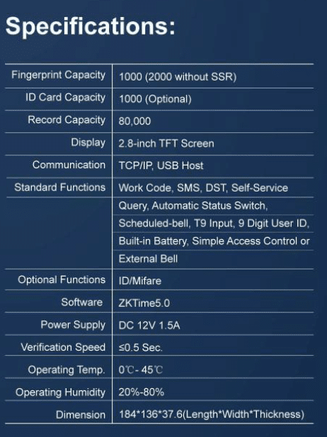 Specifications of biometrics Attendance Machine K40