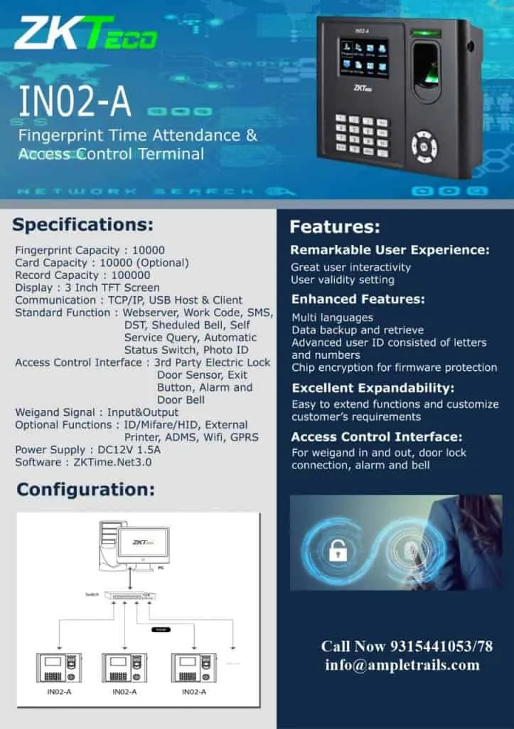 ZKTECO IN02 TIME ATTENDANCE & DOOR ACCESS CONTROL SYSTEM