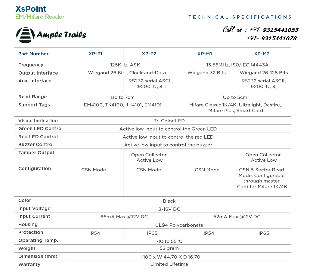 Technical Specifications of XsPoint EM Mifare Reader