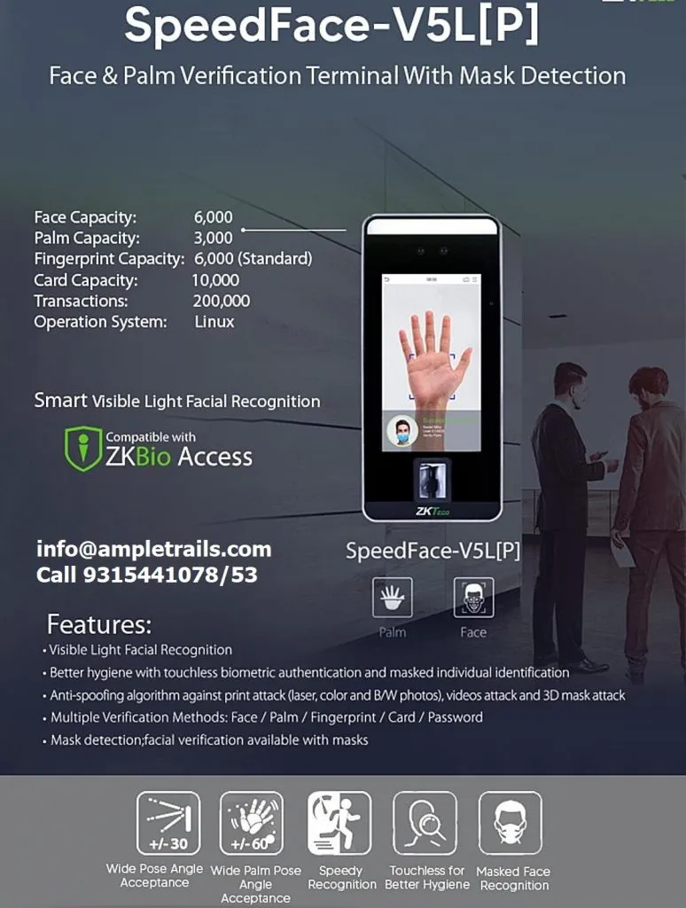Speedface V5L P Face Palm Verification Terminal with Mask Detection