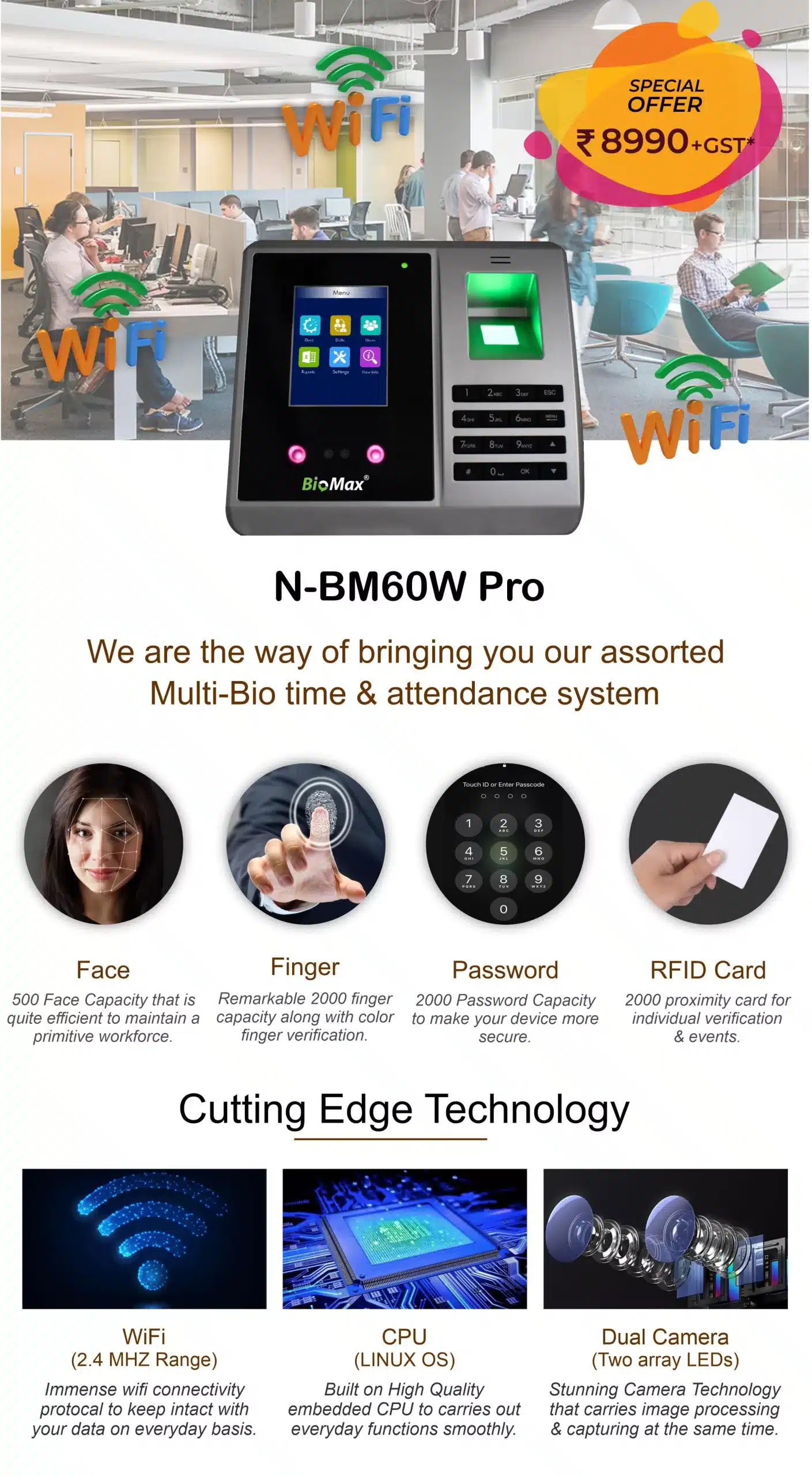 Facial Recognition Time Attendance Terminal with inbuilt wifi