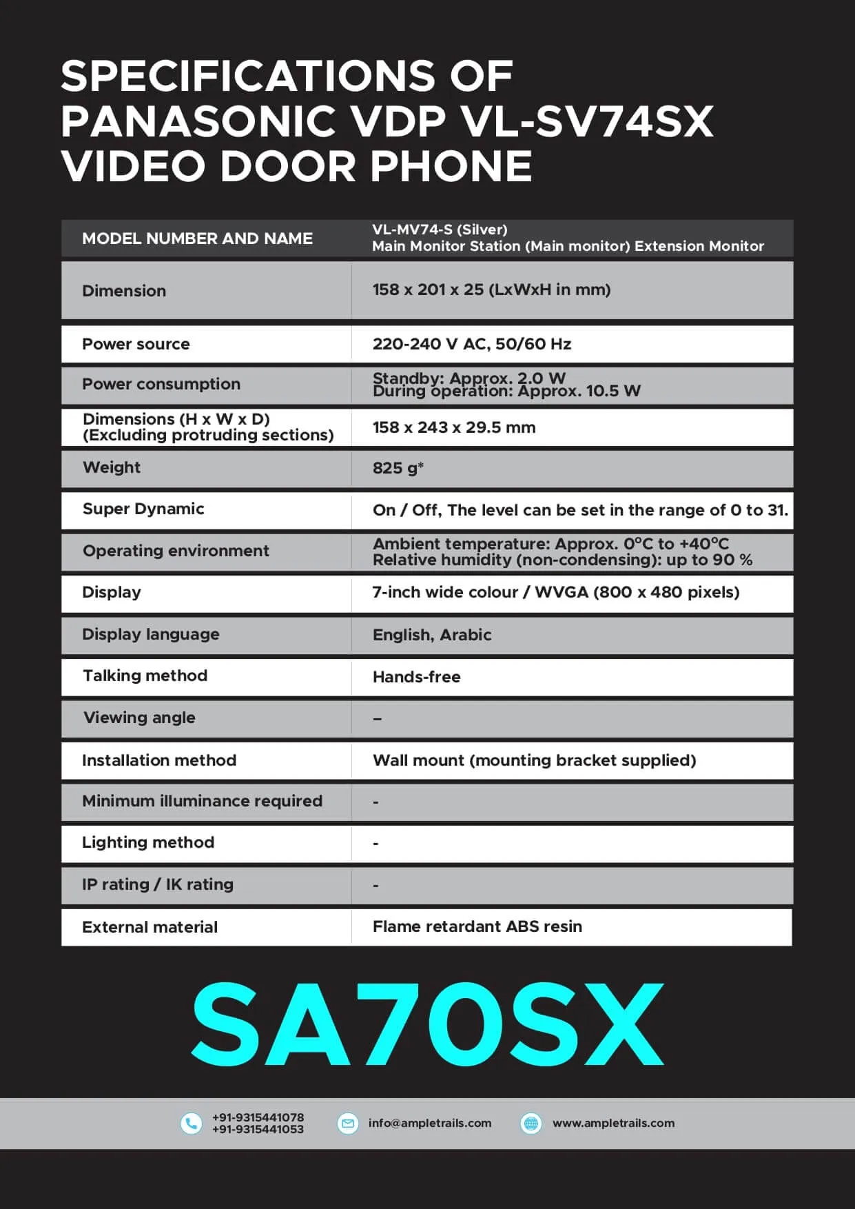Panasonic VL-SA70SX Specifications