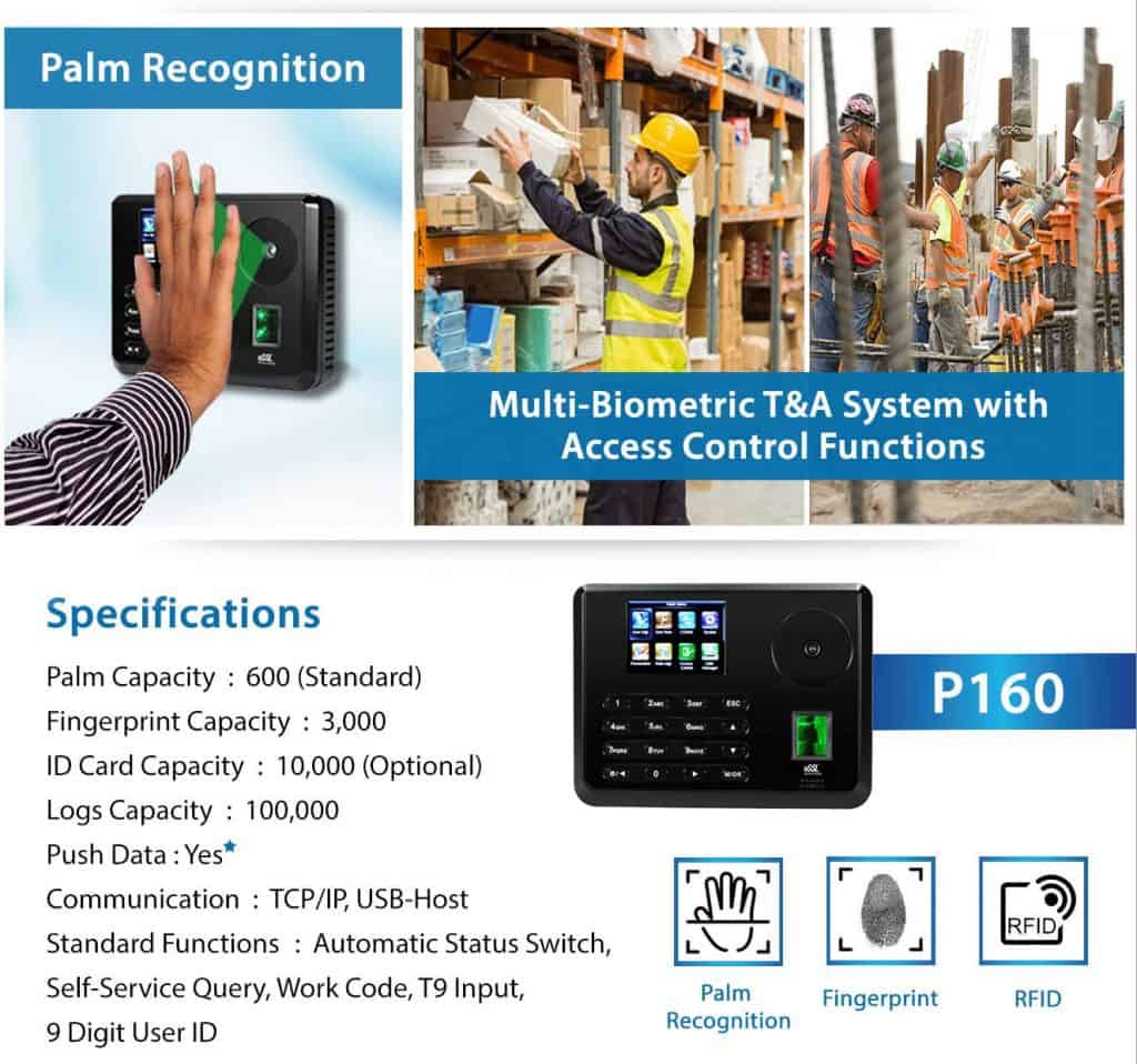 Palm Recognition Multi Biometric Time Attendance System with Access Control eSSL P160