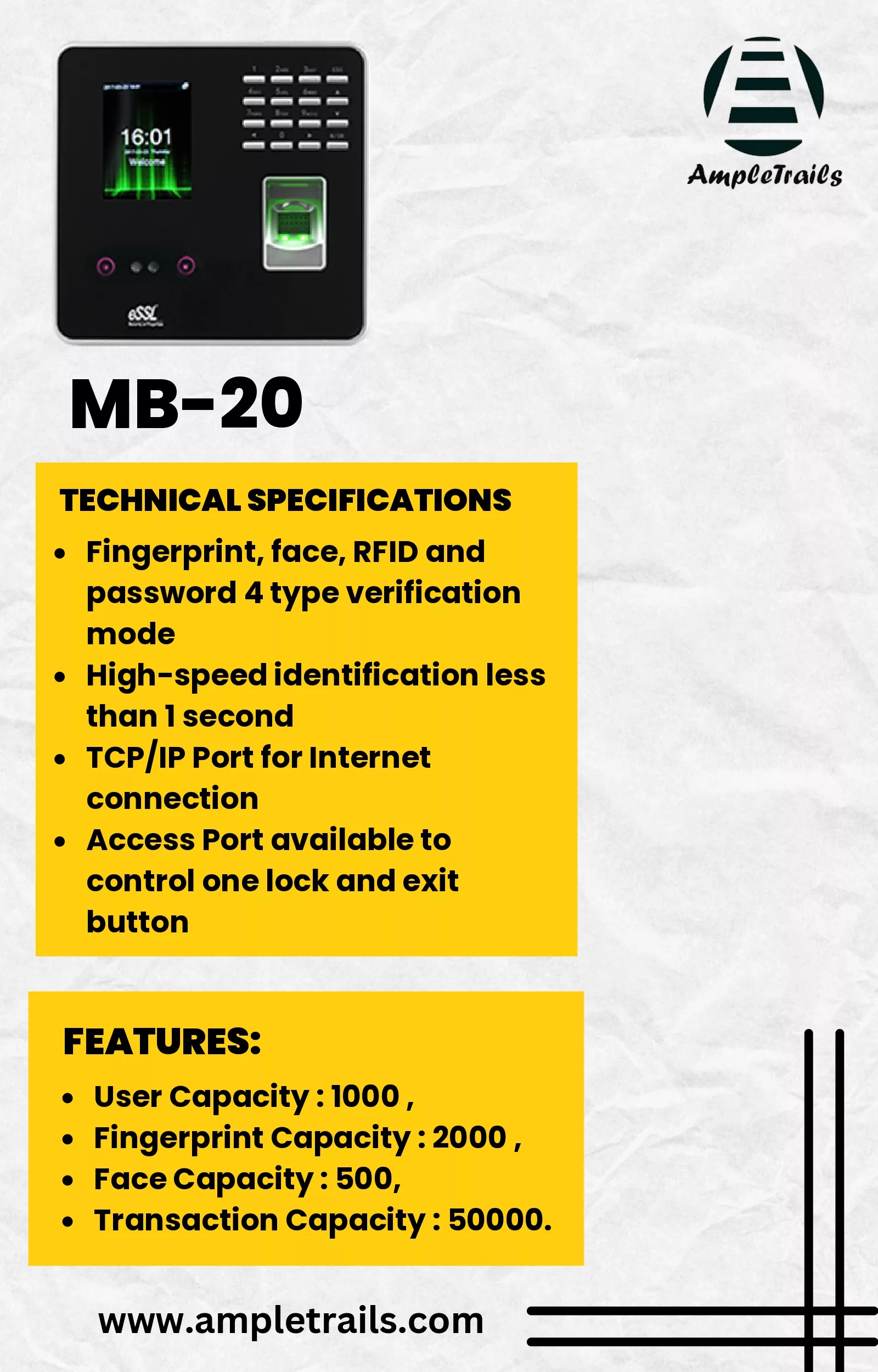 Biometric Face Attendance machine eSSL MB20