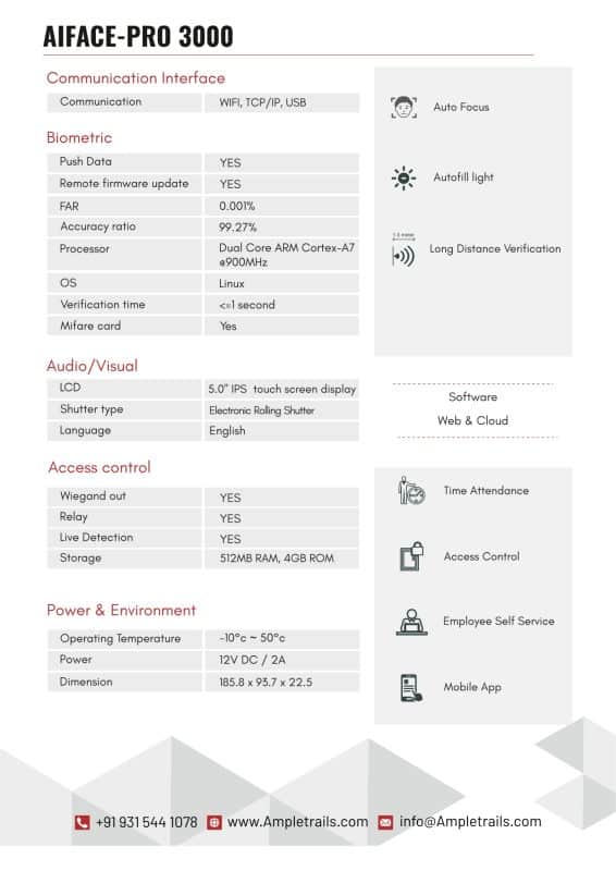 AIFACE-PRO-3000-Latest Face Attendance Machine with 10000 Faces Specifications