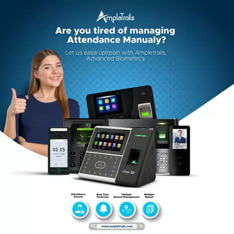 The image shows four different types of attendance machines that are used to record the presence of employees or students in an organization. The first machine is a fingerprint scanner that requires the user to place their finger on a sensor to verify their identity. The second machine is a face recognition camera that captures the user’s face and compares it with a database of registered faces. The third machine is a barcode reader that scans a barcode printed on the user’s ID card or badge. The fourth machine is a RFID reader that detects a RFID tag embedded in the user’s ID card or badge. The image illustrates the variety of biometric and non-biometric technologies that can be used for attendance tracking.