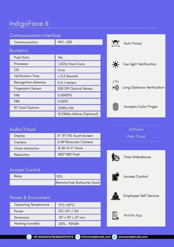 Biometric Face Attendance Machine IndigoFace 6 AmpleTrails Specifications