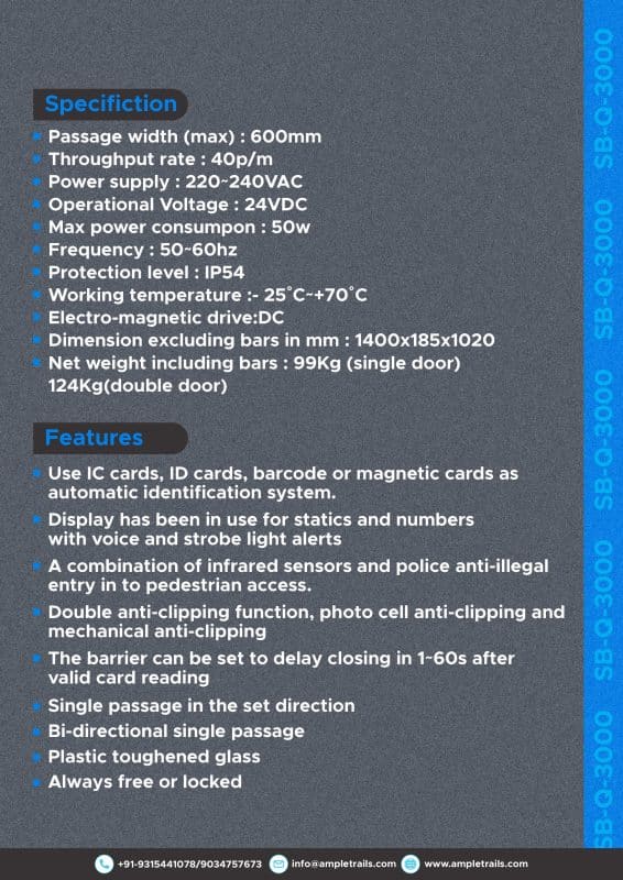 eSSL SB-Q-3000 SWING BARRIER GATES Specifications