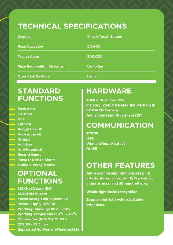 eSSL AIface Earth Facial Recognition Device Specifications