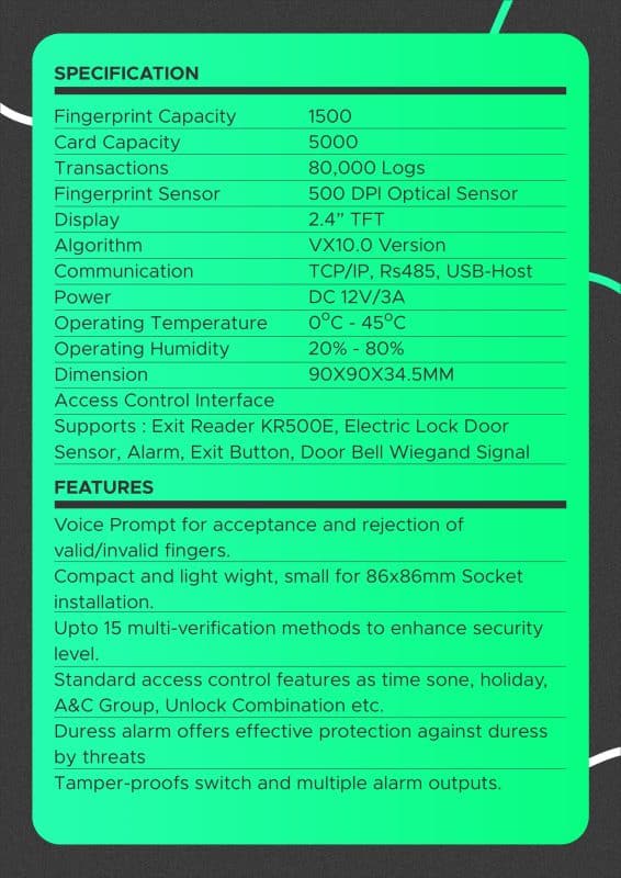 eSSL SF100 Biometric Time and Attendance Machine Specifications